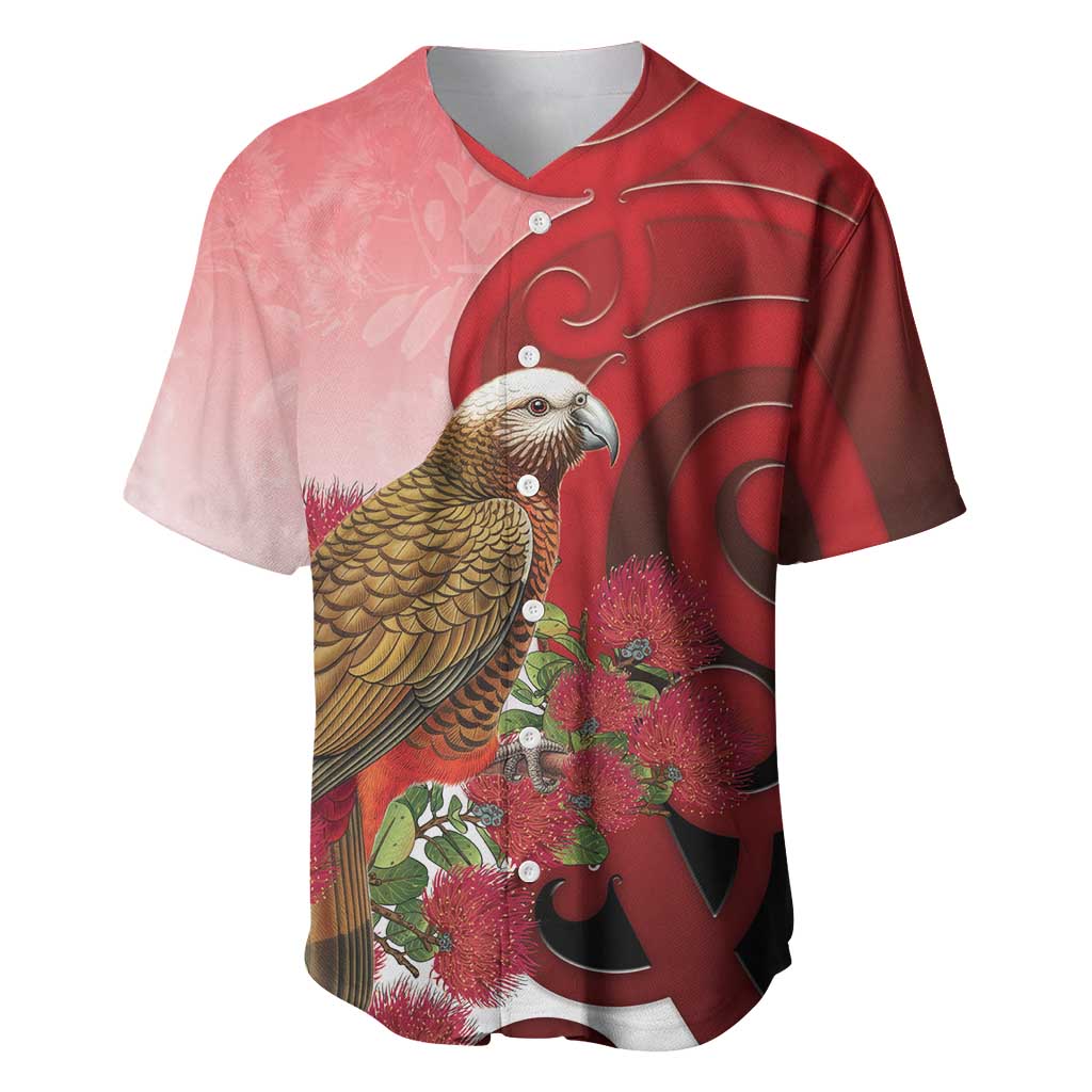 New Zealand Parrot Kaka Baseball Jersey Maori Koru With Pohutukawa Flowers LT05 Red - Polynesian Pride