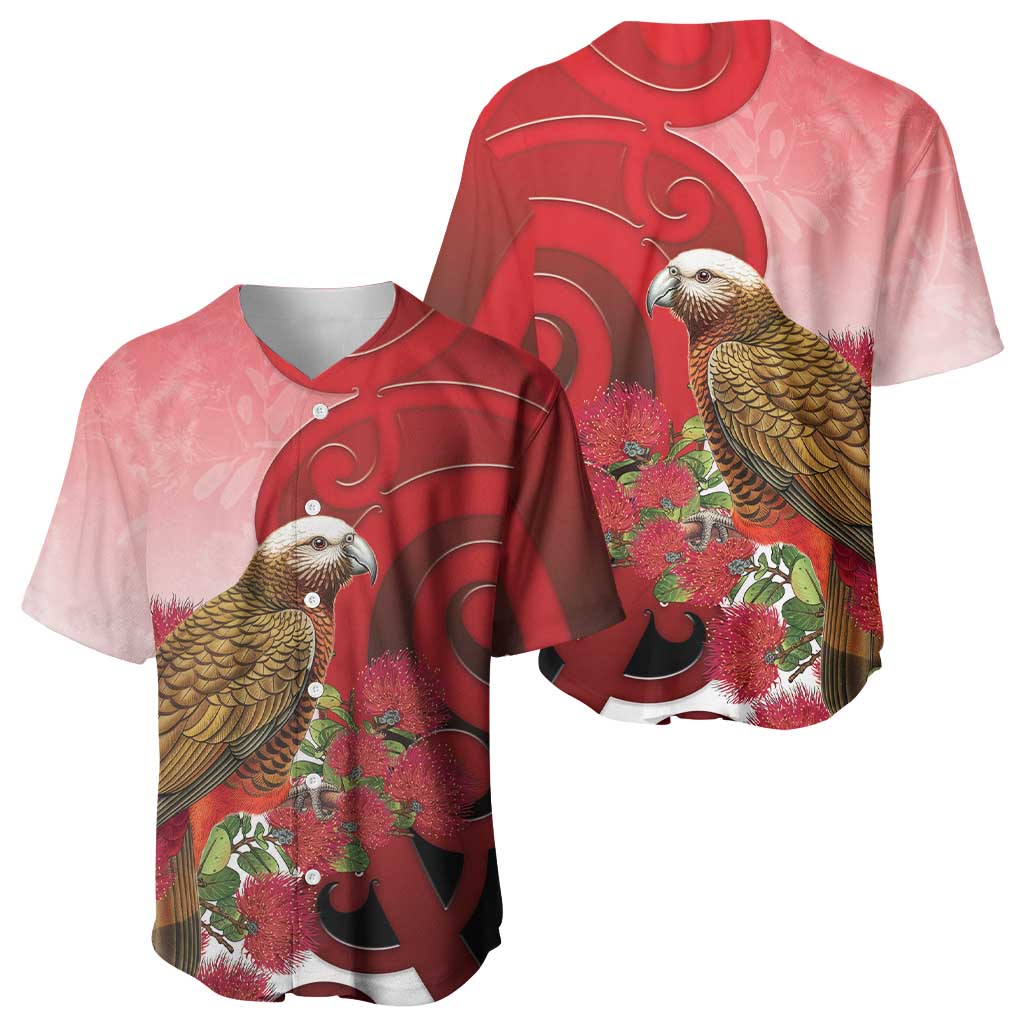 New Zealand Parrot Kaka Baseball Jersey Maori Koru With Pohutukawa Flowers - Polynesian Pride