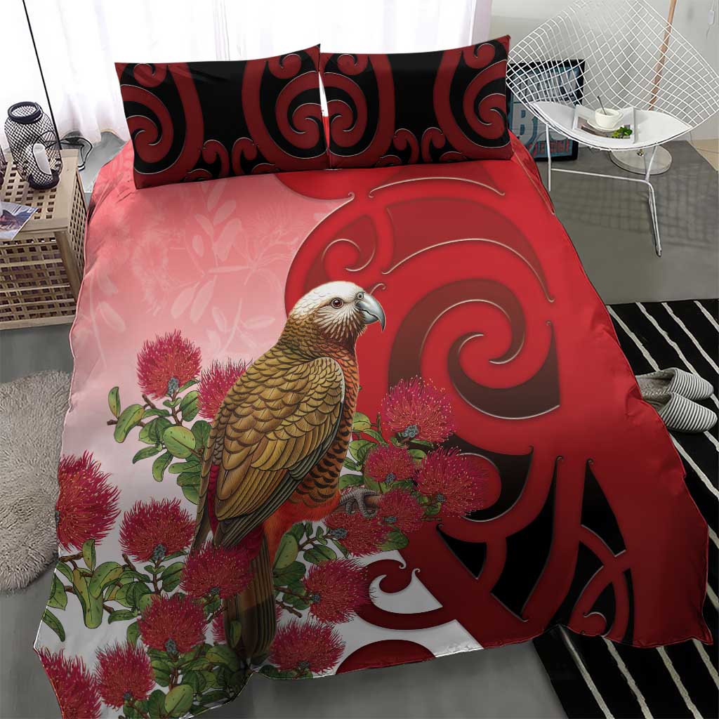 New Zealand Parrot Kaka Bedding Set Maori Koru With Pohutukawa Flowers LT05 - Polynesian Pride