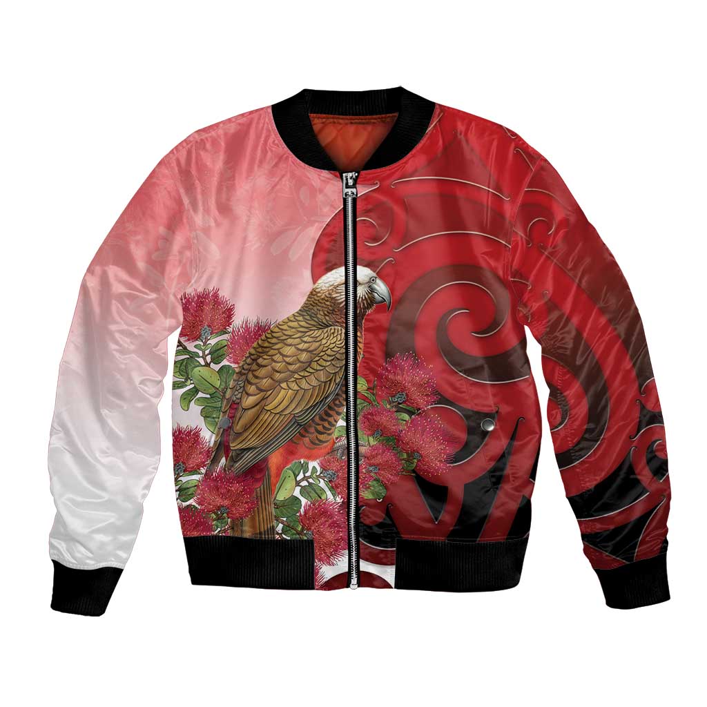 New Zealand Parrot Kaka Bomber Jacket Maori Koru With Pohutukawa Flowers LT05 Unisex Red - Polynesian Pride