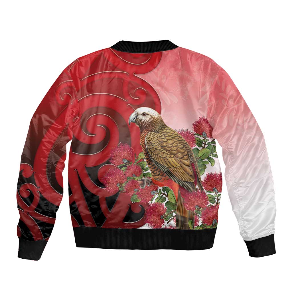 New Zealand Parrot Kaka Bomber Jacket Maori Koru With Pohutukawa Flowers LT05 - Polynesian Pride