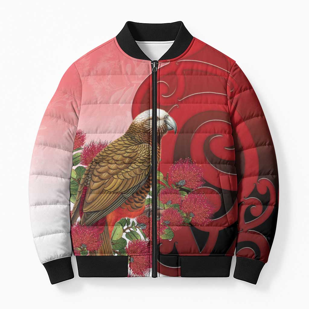 New Zealand Parrot Kaka Bomber Puffer Jacket Maori Koru With Pohutukawa Flowers LT05 Unisex Red - Polynesian Pride