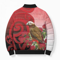 New Zealand Parrot Kaka Bomber Puffer Jacket Maori Koru With Pohutukawa Flowers LT05 - Polynesian Pride