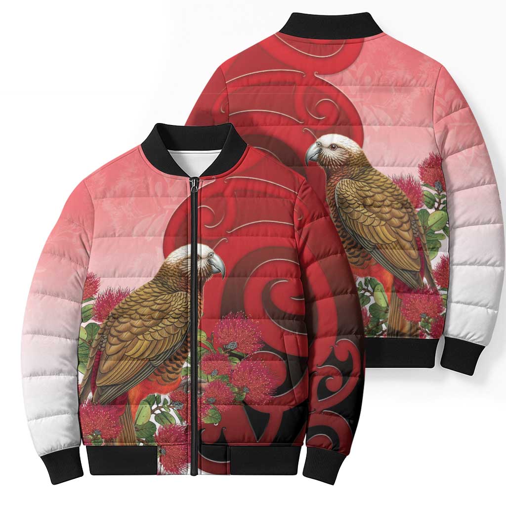 New Zealand Parrot Kaka Bomber Puffer Jacket Maori Koru With Pohutukawa Flowers LT05 - Polynesian Pride