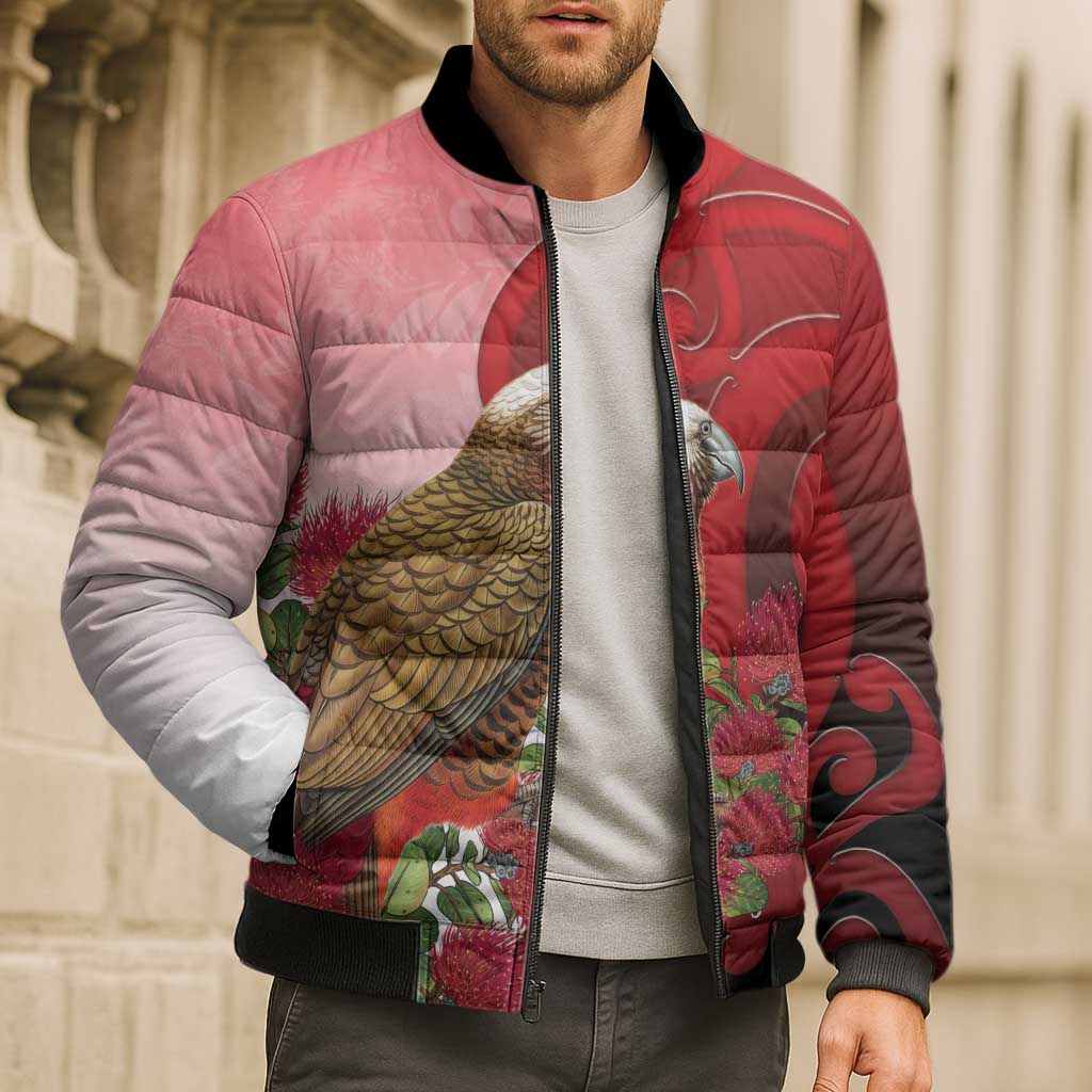 New Zealand Parrot Kaka Bomber Puffer Jacket Maori Koru With Pohutukawa Flowers LT05 - Polynesian Pride