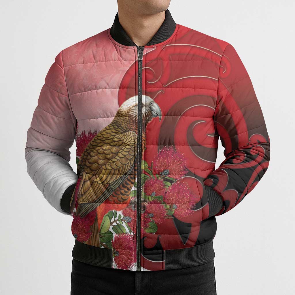 New Zealand Parrot Kaka Bomber Puffer Jacket Maori Koru With Pohutukawa Flowers LT05 - Polynesian Pride