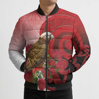 New Zealand Parrot Kaka Bomber Puffer Jacket Maori Koru With Pohutukawa Flowers LT05 - Polynesian Pride