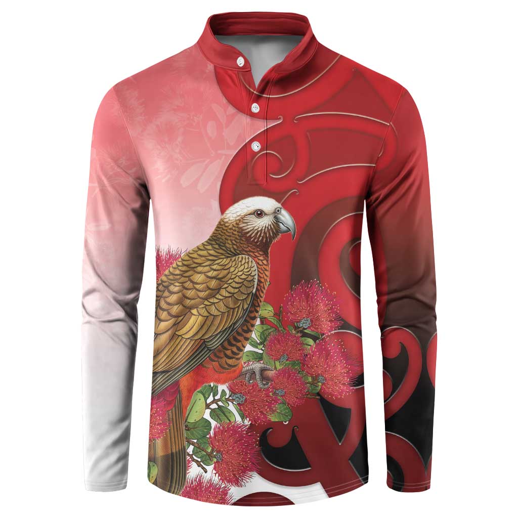 New Zealand Parrot Kaka Button Sweatshirt Maori Koru With Pohutukawa Flowers LT05 Red - Polynesian Pride