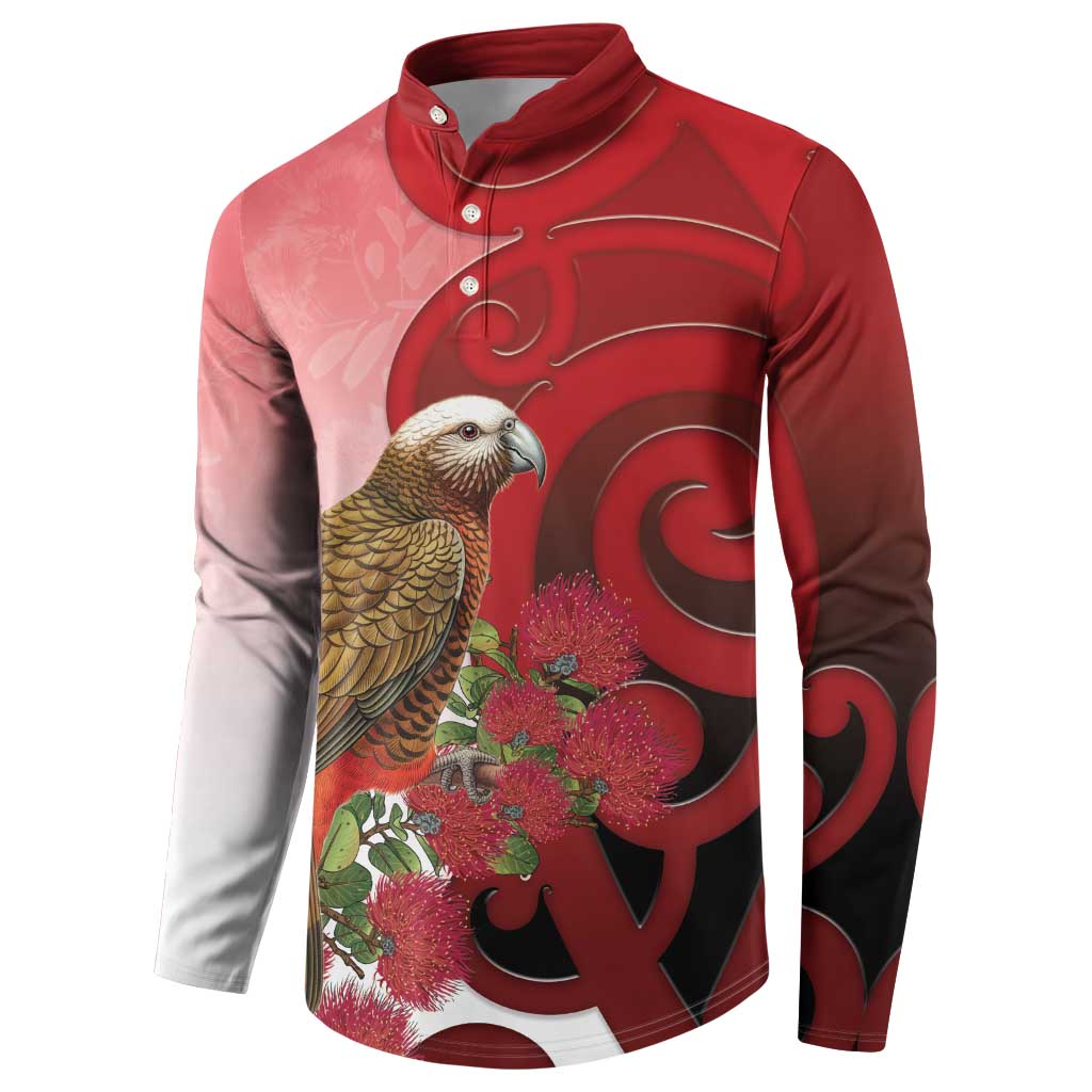 New Zealand Parrot Kaka Button Sweatshirt Maori Koru With Pohutukawa Flowers LT05 - Polynesian Pride