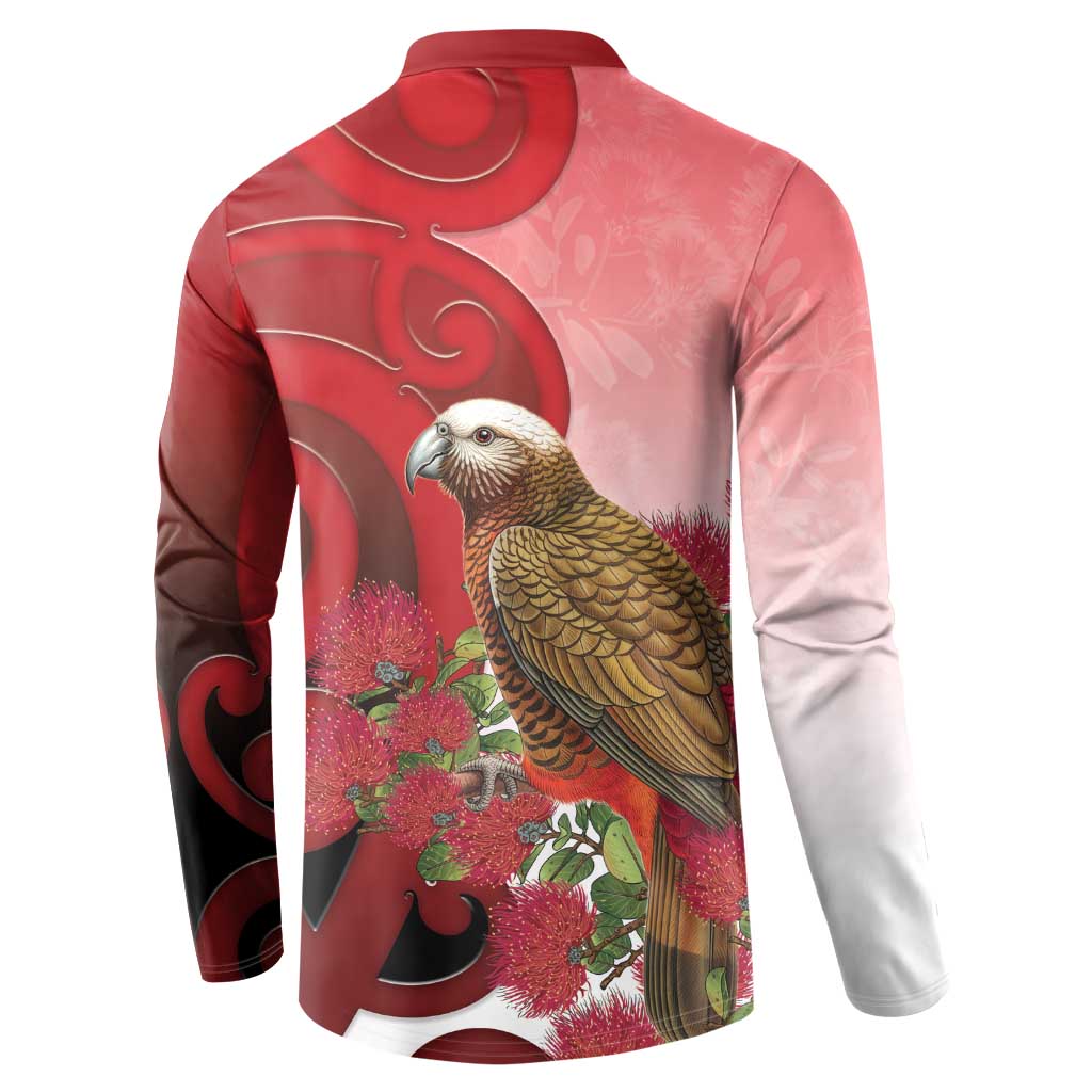 New Zealand Parrot Kaka Button Sweatshirt Maori Koru With Pohutukawa Flowers LT05 - Polynesian Pride