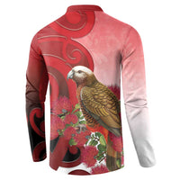 New Zealand Parrot Kaka Button Sweatshirt Maori Koru With Pohutukawa Flowers LT05 - Polynesian Pride