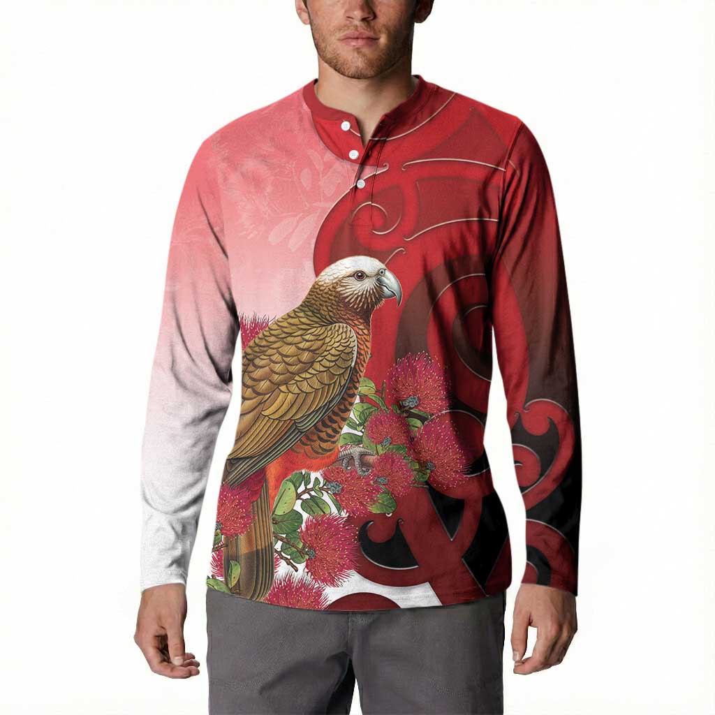 New Zealand Parrot Kaka Button Sweatshirt Maori Koru With Pohutukawa Flowers LT05 - Polynesian Pride
