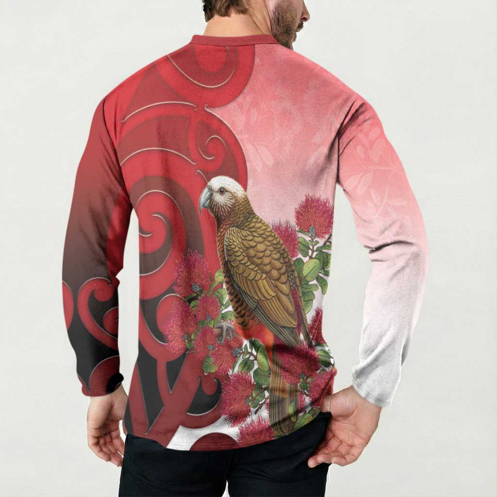 New Zealand Parrot Kaka Button Sweatshirt Maori Koru With Pohutukawa Flowers LT05 - Polynesian Pride