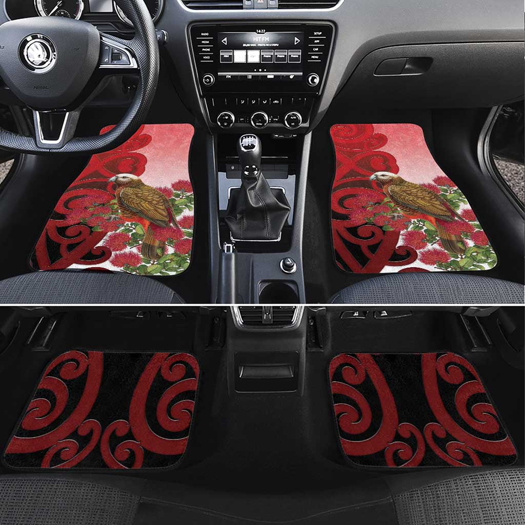 New Zealand Parrot Kaka Car Mats Maori Koru With Pohutukawa Flowers - Polynesian Pride