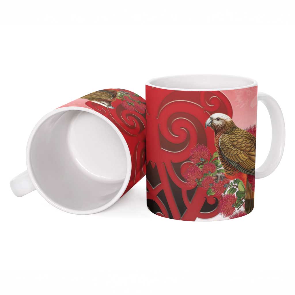 New Zealand Parrot Kaka Ceramic Mug Maori Koru With Pohutukawa Flowers LT05 - Polynesian Pride