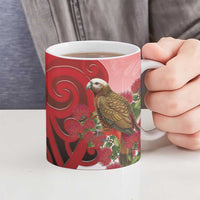 New Zealand Parrot Kaka Ceramic Mug Maori Koru With Pohutukawa Flowers LT05 - Polynesian Pride
