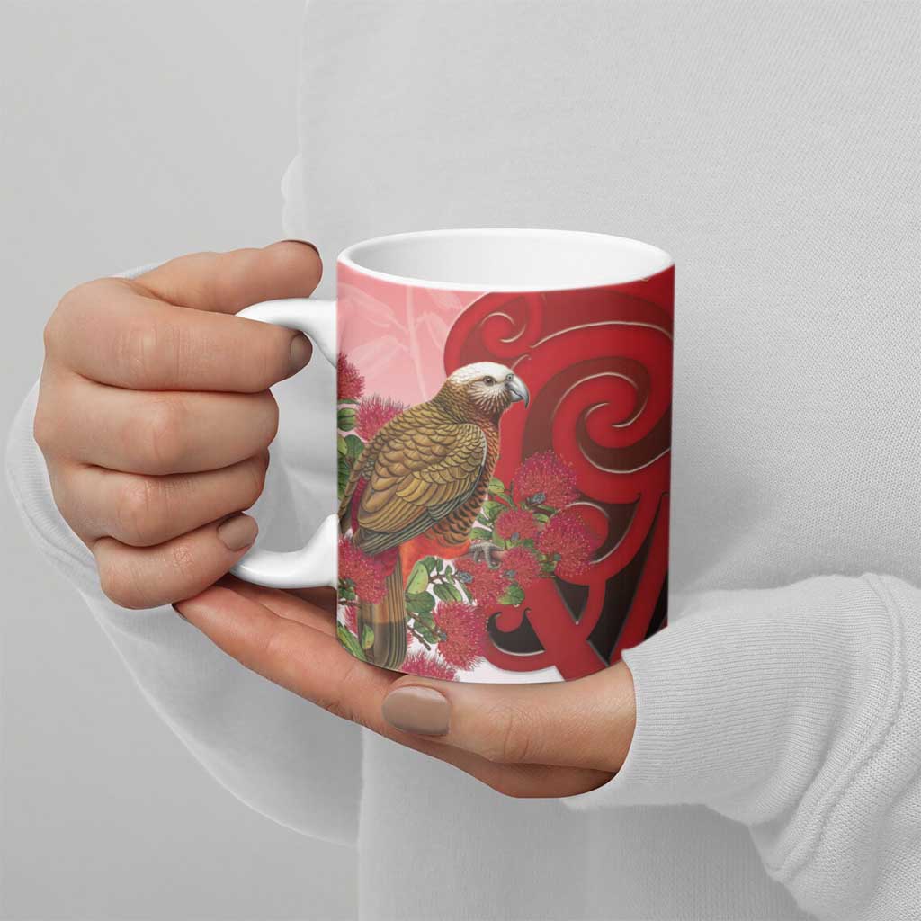 New Zealand Parrot Kaka Ceramic Mug Maori Koru With Pohutukawa Flowers LT05 - Polynesian Pride
