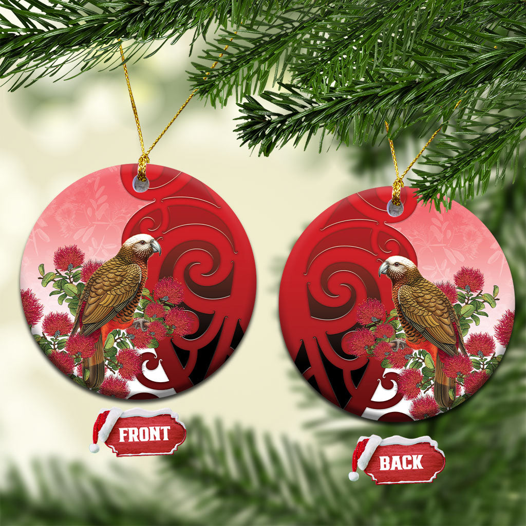 New Zealand Parrot Kaka Ceramic Ornament Maori Koru With Pohutukawa Flowers LT05 Circle Red - Polynesian Pride