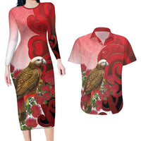 New Zealand Parrot Kaka Couples Matching Long Sleeve Bodycon Dress and Hawaiian Shirt Maori Koru With Pohutukawa Flowers - Polynesian Pride