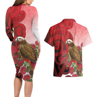 New Zealand Parrot Kaka Couples Matching Long Sleeve Bodycon Dress and Hawaiian Shirt Maori Koru With Pohutukawa Flowers - Polynesian Pride