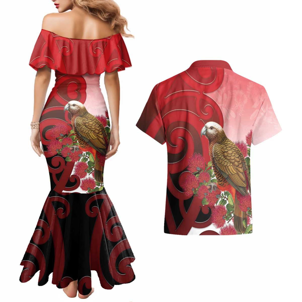 New Zealand Parrot Kaka Couples Matching Mermaid Dress and Hawaiian Shirt Maori Koru With Pohutukawa Flowers - Polynesian Pride