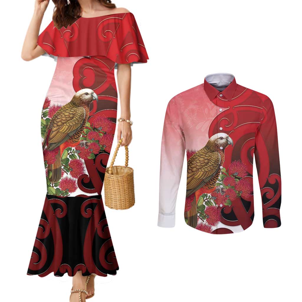 New Zealand Parrot Kaka Couples Matching Mermaid Dress and Long Sleeve Button Shirt Maori Koru With Pohutukawa Flowers - Polynesian Pride
