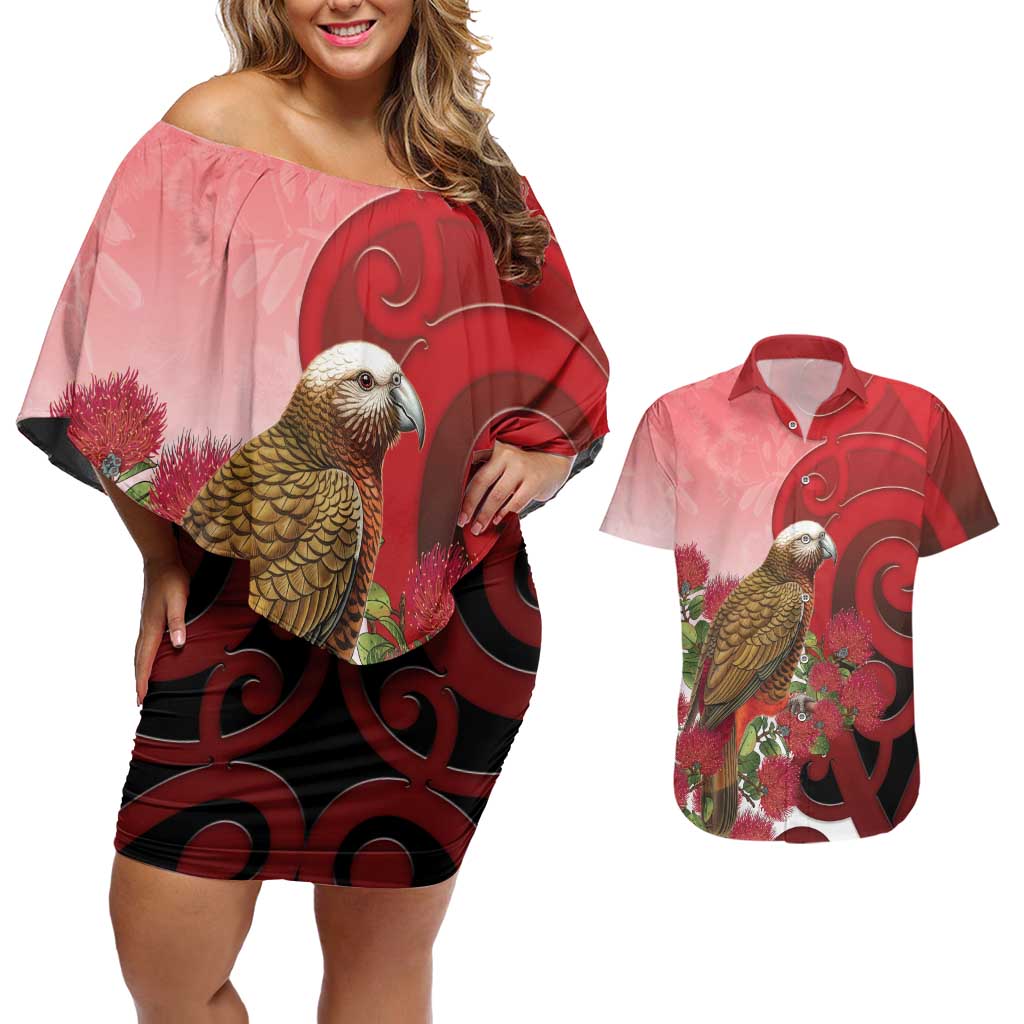 New Zealand Parrot Kaka Couples Matching Off Shoulder Short Dress and Hawaiian Shirt Maori Koru With Pohutukawa Flowers - Polynesian Pride