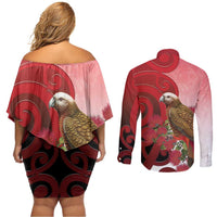 New Zealand Parrot Kaka Couples Matching Off Shoulder Short Dress and Long Sleeve Button Shirt Maori Koru With Pohutukawa Flowers - Polynesian Pride