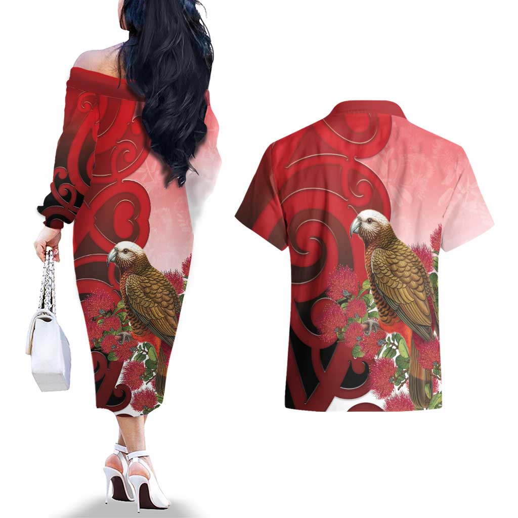 New Zealand Parrot Kaka Couples Matching Off The Shoulder Long Sleeve Dress and Hawaiian Shirt Maori Koru With Pohutukawa Flowers - Polynesian Pride