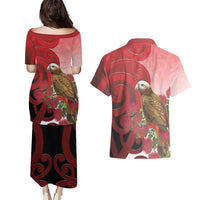 New Zealand Parrot Kaka Couples Matching Puletasi and Hawaiian Shirt Maori Koru With Pohutukawa Flowers - Polynesian Pride