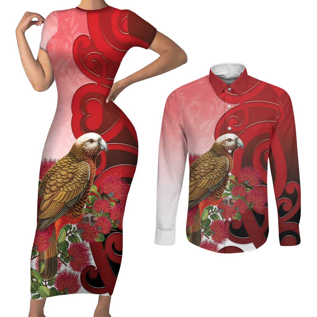 New Zealand Parrot Kaka Couples Matching Short Sleeve Bodycon Dress and Long Sleeve Button Shirt Maori Koru With Pohutukawa Flowers - Polynesian Pride