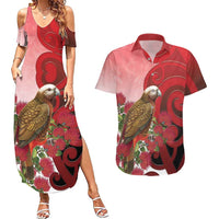 New Zealand Parrot Kaka Couples Matching Summer Maxi Dress and Hawaiian Shirt Maori Koru With Pohutukawa Flowers - Polynesian Pride