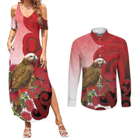 New Zealand Parrot Kaka Couples Matching Summer Maxi Dress and Long Sleeve Button Shirt Maori Koru With Pohutukawa Flowers - Polynesian Pride