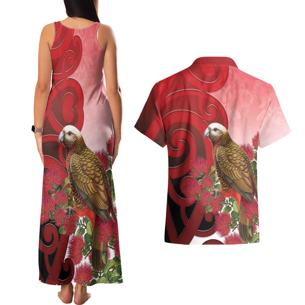 New Zealand Parrot Kaka Couples Matching Tank Maxi Dress and Hawaiian Shirt Maori Koru With Pohutukawa Flowers - Polynesian Pride
