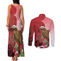 New Zealand Parrot Kaka Couples Matching Tank Maxi Dress and Long Sleeve Button Shirt Maori Koru With Pohutukawa Flowers - Polynesian Pride