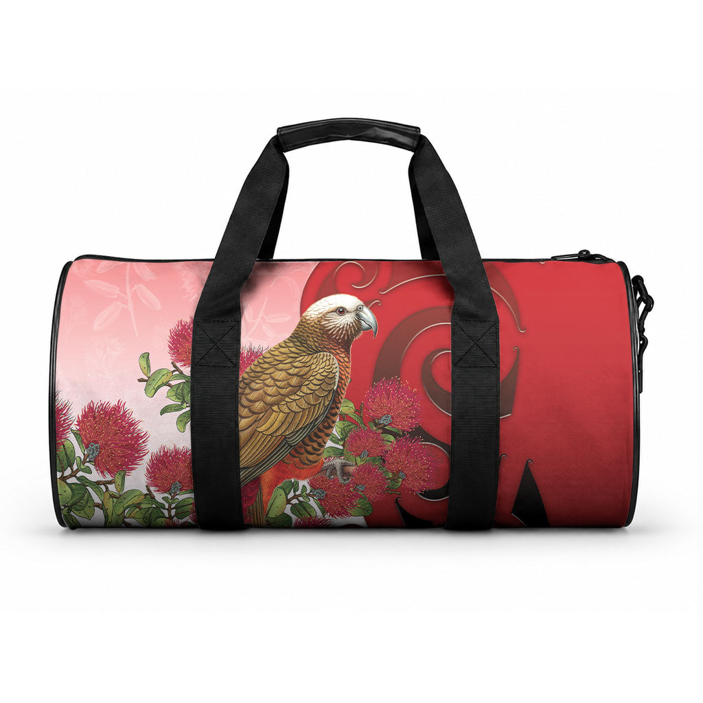 New Zealand Parrot Kaka Duffle Bag Maori Koru With Pohutukawa Flowers LT05 One size Red - Polynesian Pride