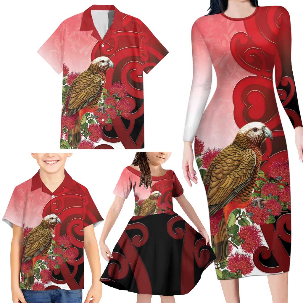 New Zealand Parrot Kaka Family Matching Long Sleeve Bodycon Dress and Hawaiian Shirt Maori Koru With Pohutukawa Flowers - Polynesian Pride