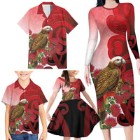 New Zealand Parrot Kaka Family Matching Long Sleeve Bodycon Dress and Hawaiian Shirt Maori Koru With Pohutukawa Flowers - Polynesian Pride