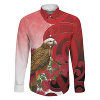 New Zealand Parrot Kaka Family Matching Long Sleeve Bodycon Dress and Hawaiian Shirt Maori Koru With Pohutukawa Flowers - Polynesian Pride