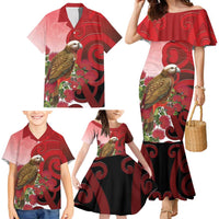 New Zealand Parrot Kaka Family Matching Mermaid Dress and Hawaiian Shirt Maori Koru With Pohutukawa Flowers - Polynesian Pride