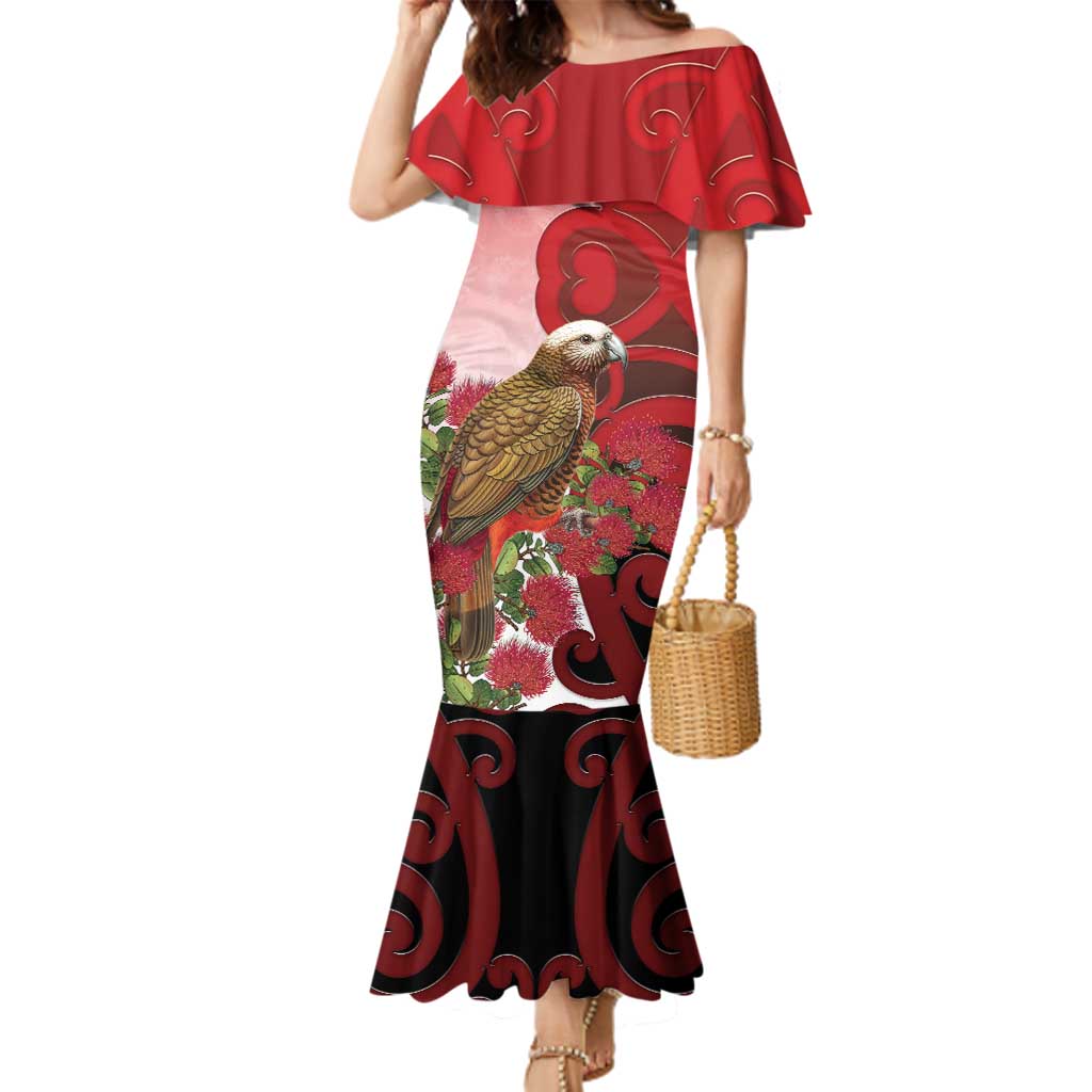 New Zealand Parrot Kaka Family Matching Mermaid Dress and Hawaiian Shirt Maori Koru With Pohutukawa Flowers - Polynesian Pride