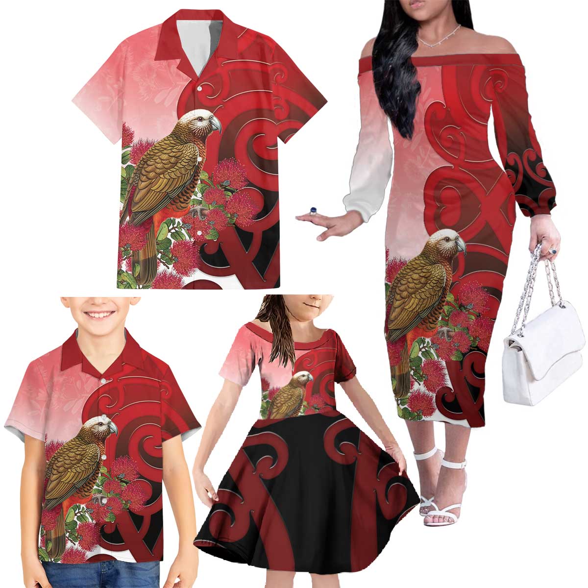 New Zealand Parrot Kaka Family Matching Off The Shoulder Long Sleeve Dress and Hawaiian Shirt Maori Koru With Pohutukawa Flowers - Polynesian Pride