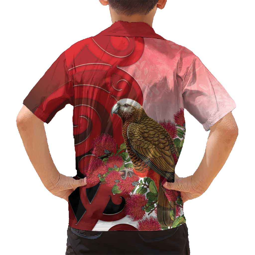 New Zealand Parrot Kaka Family Matching Off Shoulder Maxi Dress and Hawaiian Shirt Maori Koru With Pohutukawa Flowers - Polynesian Pride