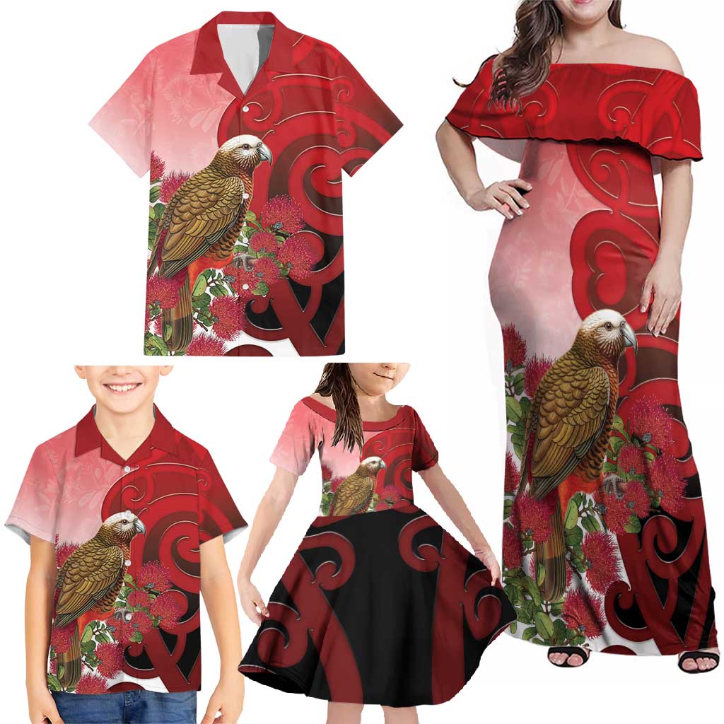 New Zealand Parrot Kaka Family Matching Off Shoulder Maxi Dress and Hawaiian Shirt Maori Koru With Pohutukawa Flowers - Polynesian Pride