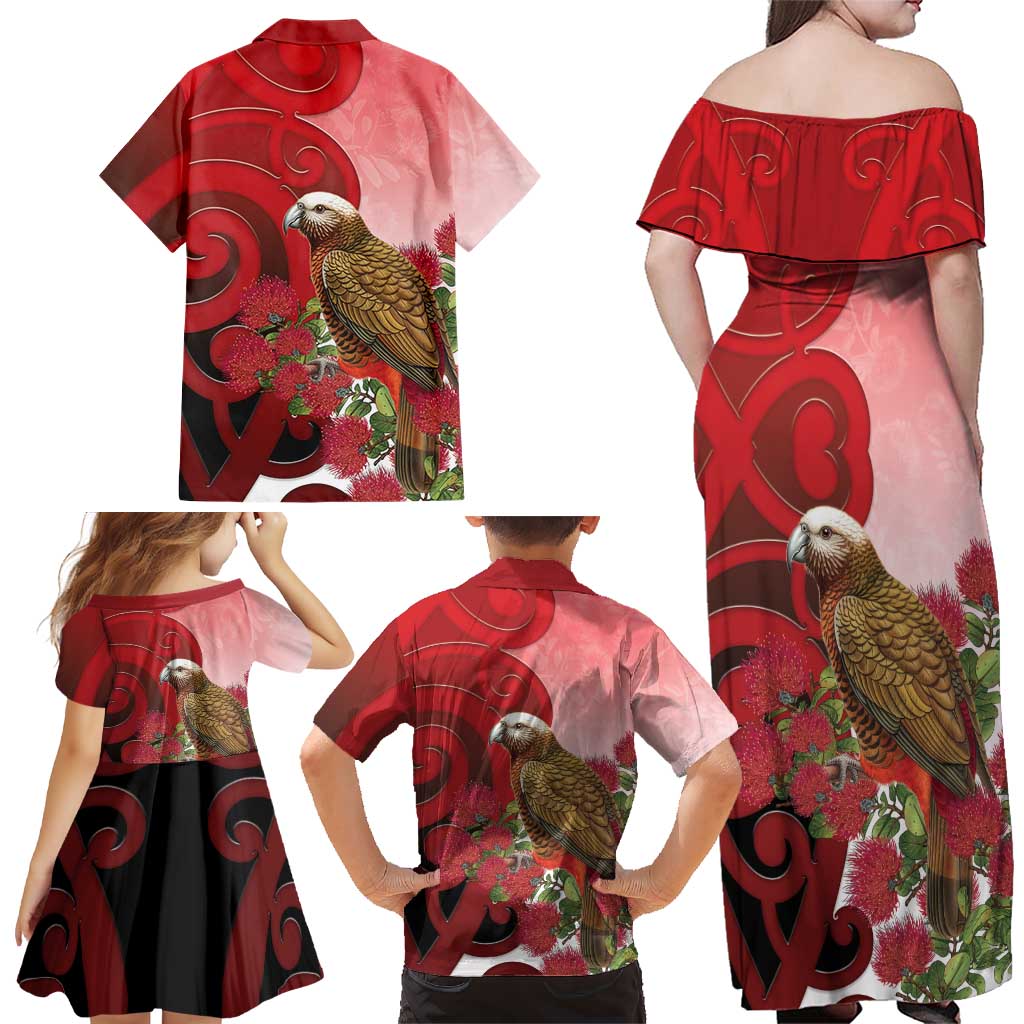 New Zealand Parrot Kaka Family Matching Off Shoulder Maxi Dress and Hawaiian Shirt Maori Koru With Pohutukawa Flowers - Polynesian Pride