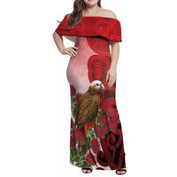 New Zealand Parrot Kaka Family Matching Off Shoulder Maxi Dress and Hawaiian Shirt Maori Koru With Pohutukawa Flowers - Polynesian Pride