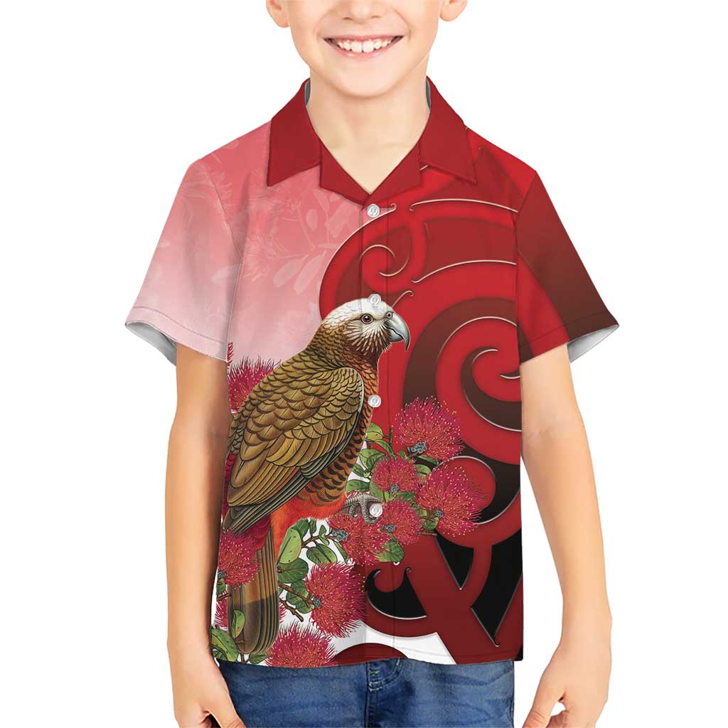 New Zealand Parrot Kaka Family Matching Off Shoulder Maxi Dress and Hawaiian Shirt Maori Koru With Pohutukawa Flowers - Polynesian Pride