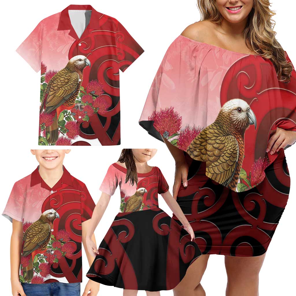 New Zealand Parrot Kaka Family Matching Off Shoulder Short Dress and Hawaiian Shirt Maori Koru With Pohutukawa Flowers - Polynesian Pride