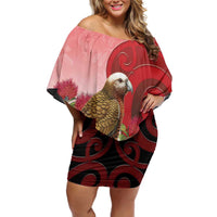 New Zealand Parrot Kaka Family Matching Off Shoulder Short Dress and Hawaiian Shirt Maori Koru With Pohutukawa Flowers - Polynesian Pride