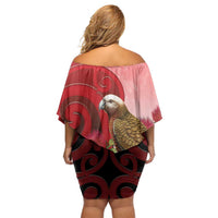 New Zealand Parrot Kaka Family Matching Off Shoulder Short Dress and Hawaiian Shirt Maori Koru With Pohutukawa Flowers - Polynesian Pride